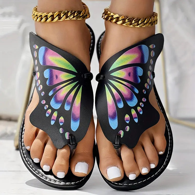 Women's Butterfly Flip Flops, Faux Leather Thong Slippers, Colorful Summer Beach Sandals, Fashion Footwear With Vibrant Wing Design Temu