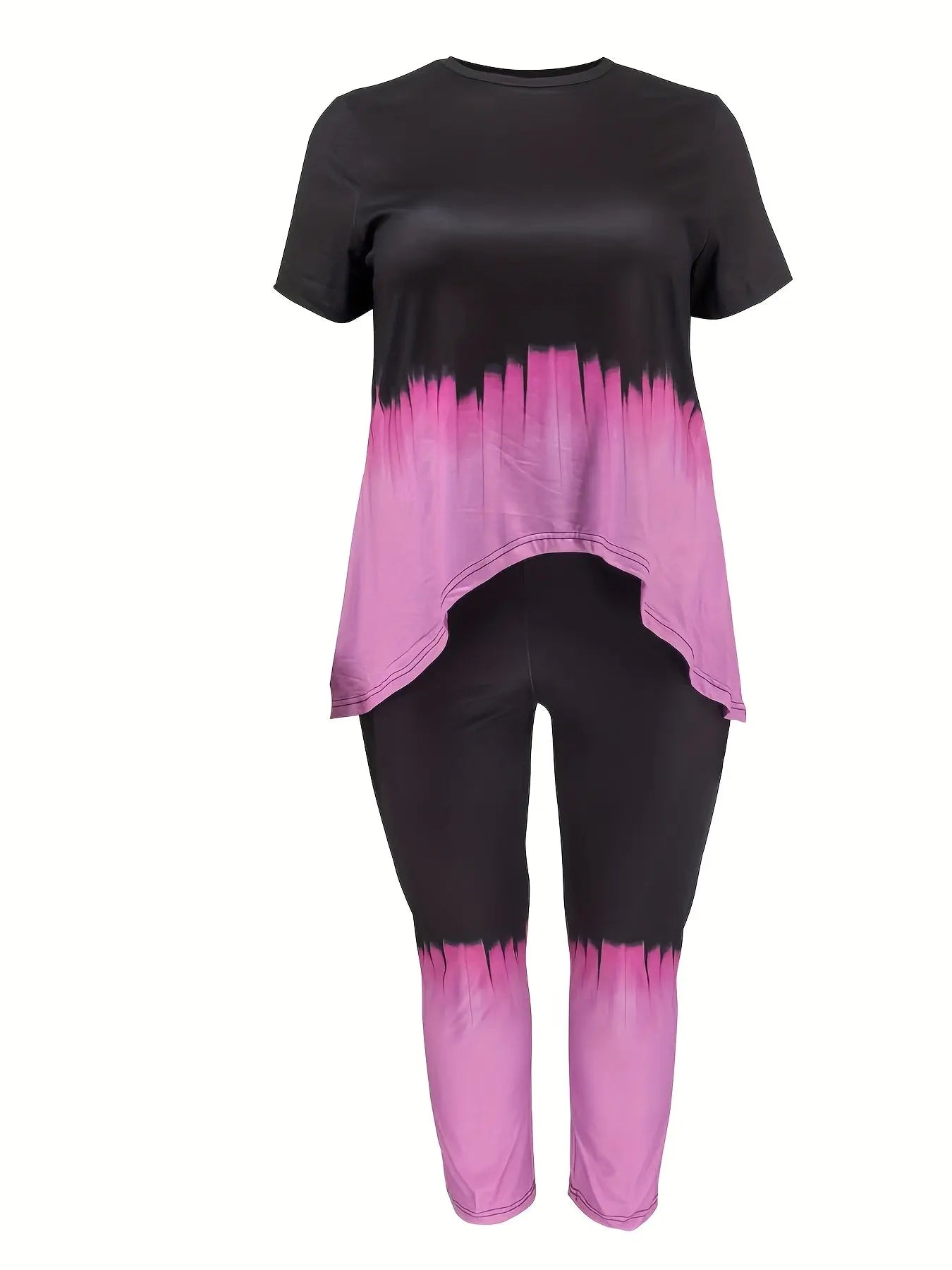 Plus Size Polyester Knit Tie-Dye Clothing Set - Short Sleeve Top And Long Pants - Machine Washable, Simple Style Chic Le'Meek