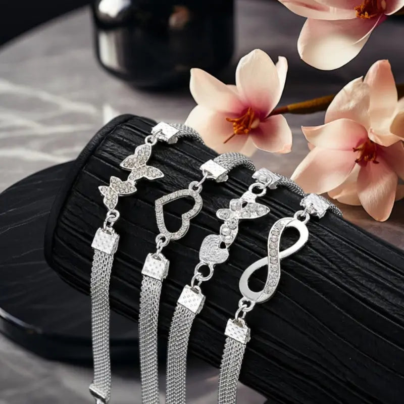Set of 4- Elegant And Shiny Stackable Ankle Chains, Synthetic Zirconia Ankle Chains Plated with Butterflies And Hearts, Multifunctional Daily Jewelry Gifts Chic Le'Meek