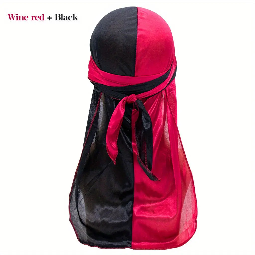 Silky Durag - Assorted Colors Satin Pirate Cap with Long Tail, Wide Straps, Elastic Breathable Head Wrap Chic Le'Meek