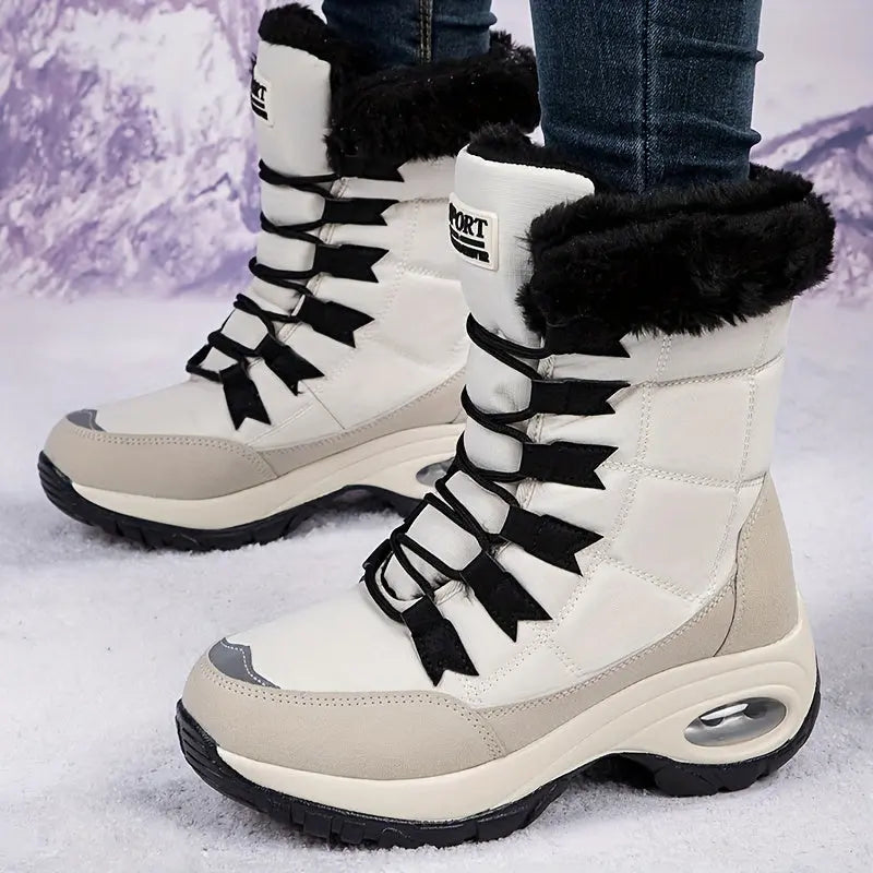 Warmth & Comfort Guaranteed: Womens Thickened Air Cushion Snow Boots - Flannel Lined, Non-Slip, Round Toe, PU Sole, Non-Woven Upper - Perfect for Hiking and Winter Activities Chic Le'Meek