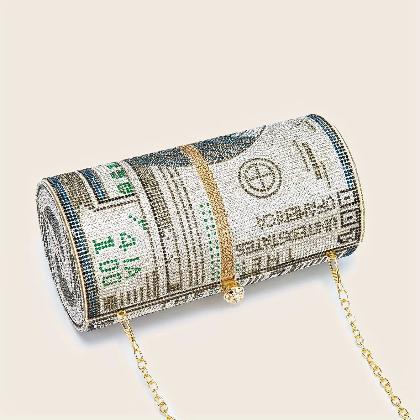 Sparkling Dollar Pattern Clutch Bag - Glamorous Cylinder Rhinestone Glitter Kiss Lock with Adjustable Metal Chain Temu