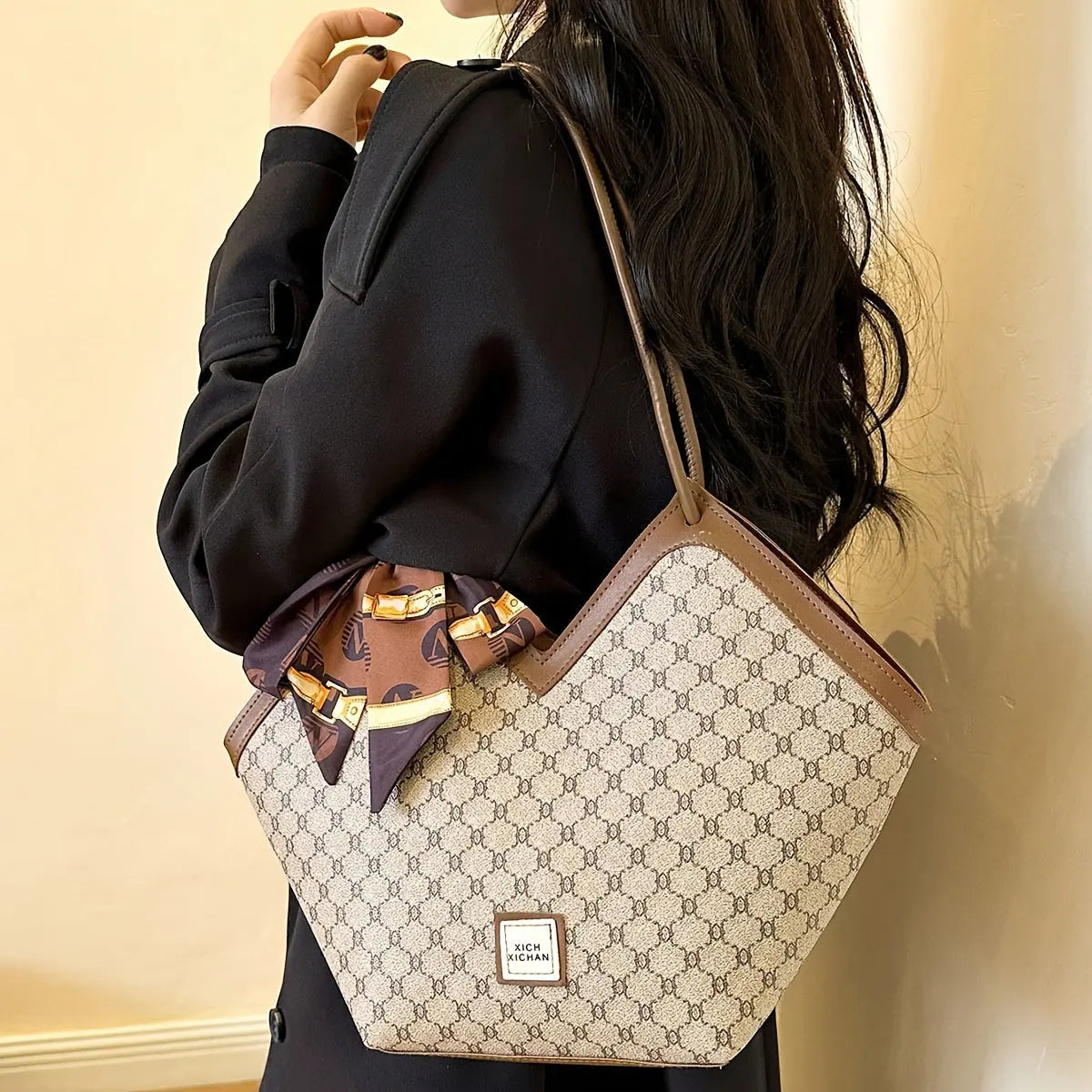 LABOONOO Women'S Vintage-Inspired Tote Bag with Scarf - Elegant, Large Capacity, Zip Closure, Grey & Beige Pattern, Perfect for Casual or Retro Outfits Chic Le'Meek
