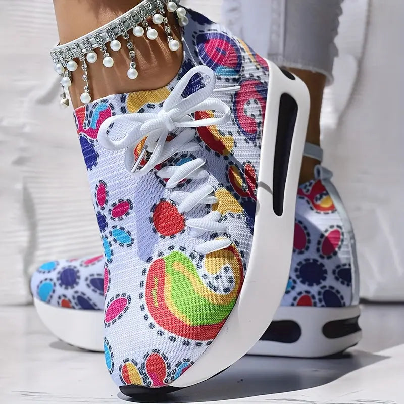 Abstract Print Side Lace-up Casual Wedge Sneakers - Without Anklet Chic Le'Meek