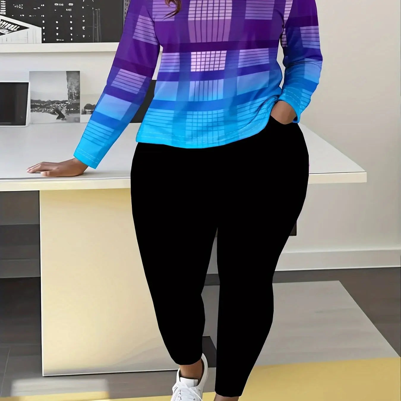 Plus Size Gradient Plaid Print Tracksuit Set - Casual Long Sleeve CrewNeck Pullover with Pockets & Coordinating Pants KnitFabric Slight Stretch - iddle Eastern Collection Chic Le'Meek