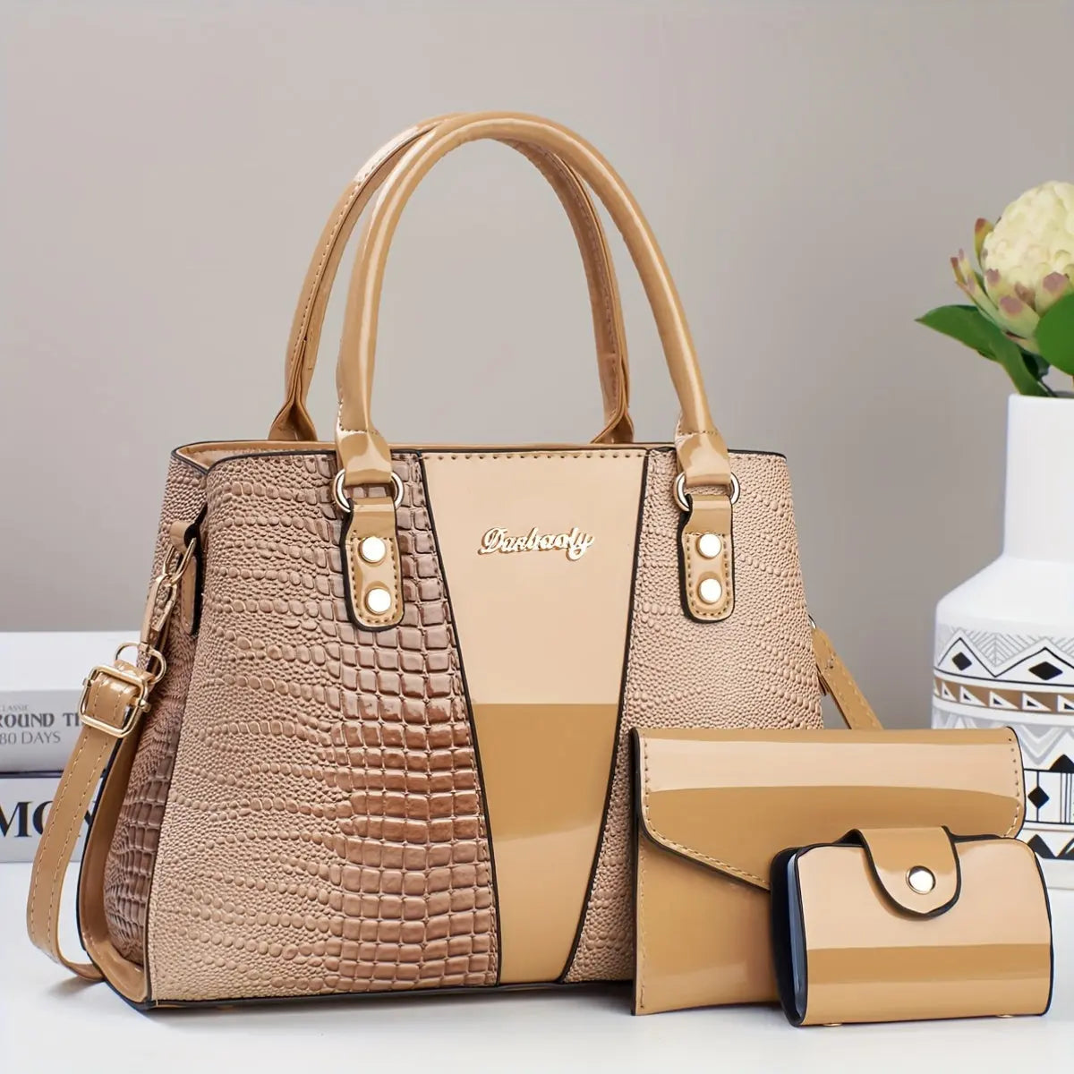 3pcs Elegant PU Handbag Set, Crocodile Pattern Large Capacity Crossbody Bag with Coin Purse and Card Holder, Lightweight Shoulder Bag with Sequins and Zipper Closure Chic Le'Meek