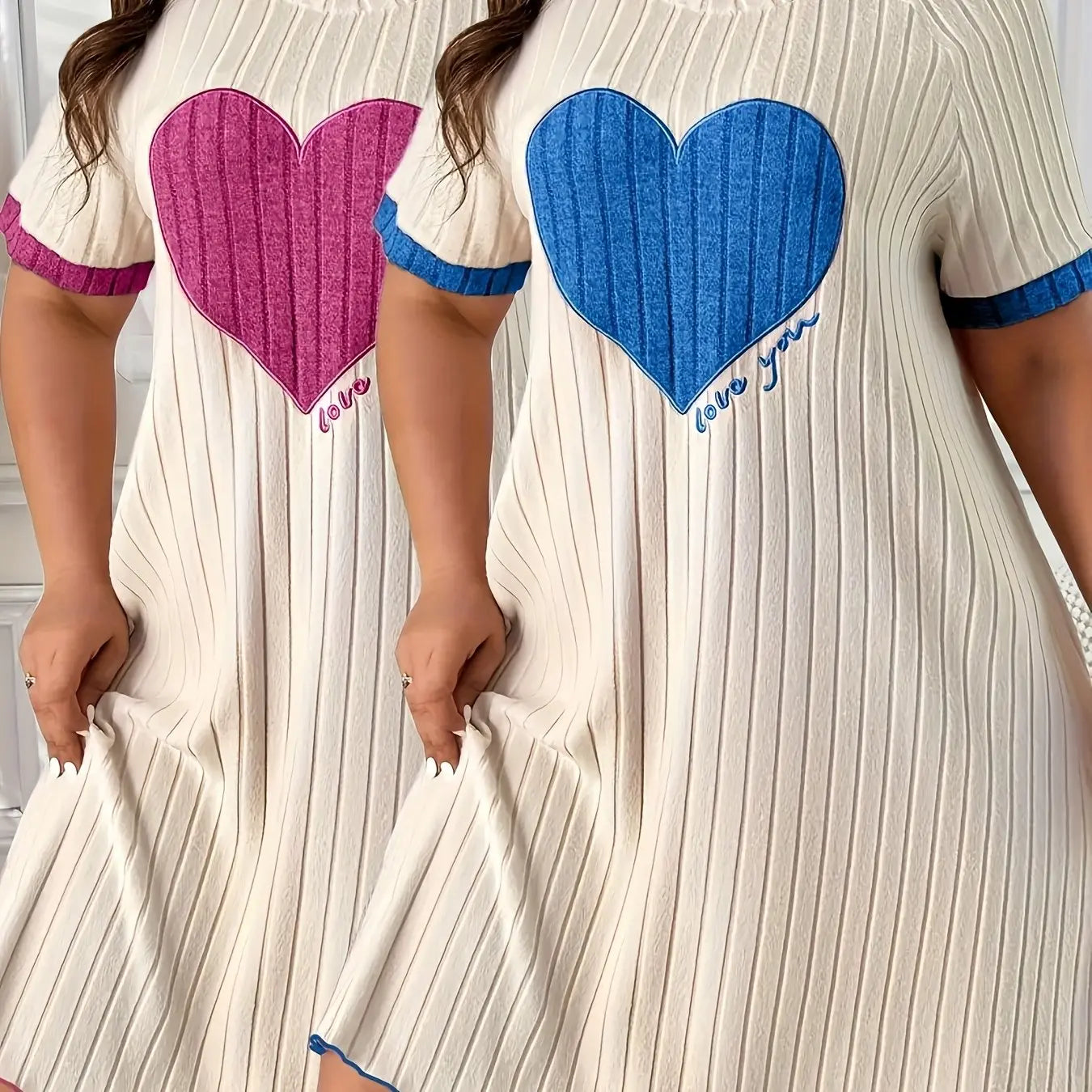 Plus Size Short-Sleeve Dress with Heart Embroidery Two-Piece Set Temu