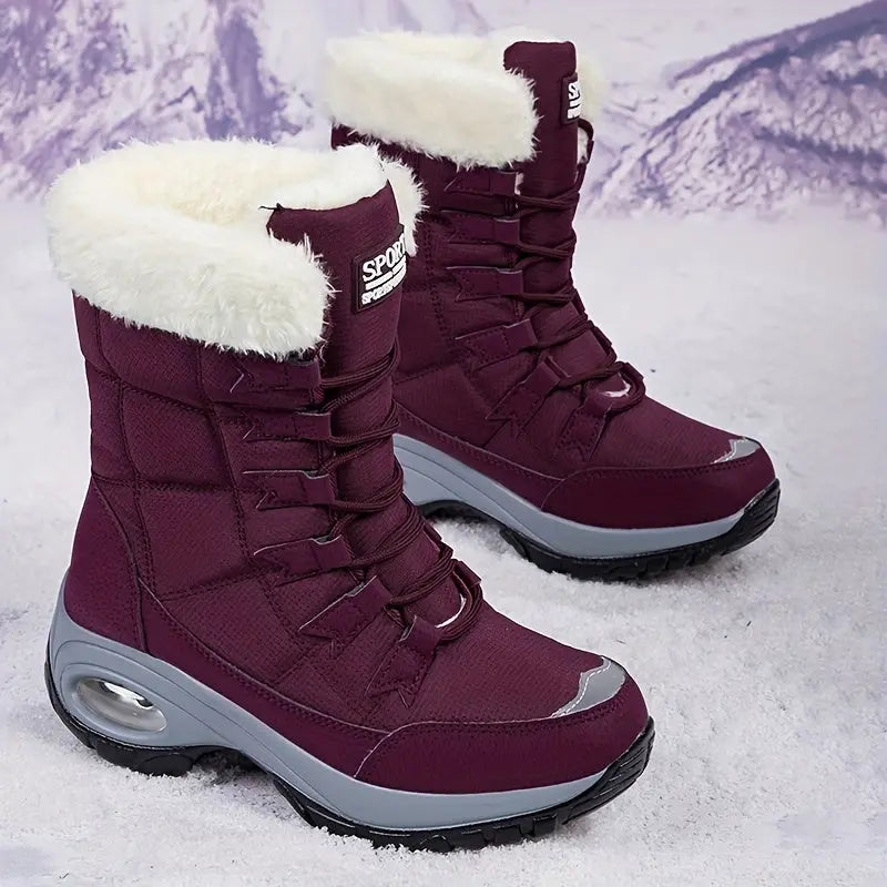 Warmth & Comfort Guaranteed: Womens Thickened Air Cushion Snow Boots - Flannel Lined, Non-Slip, Round Toe, PU Sole, Non-Woven Upper - Perfect for Hiking and Winter Activities Chic Le'Meek