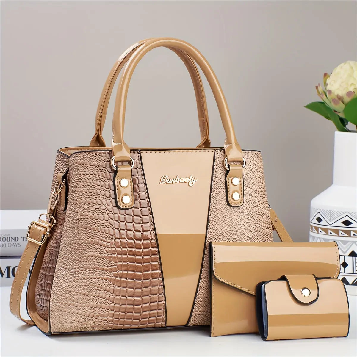 3pcs Elegant PU Handbag Set, Crocodile Pattern Large Capacity Crossbody Bag with Coin Purse and Card Holder, Lightweight Shoulder Bag with Sequins and Zipper Closure Chic Le'Meek