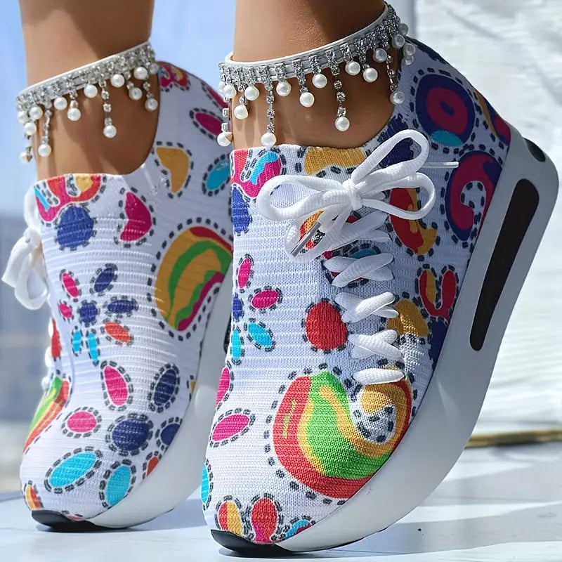 Abstract Print Side Lace-up Casual Wedge Sneakers - Without Anklet Chic Le'Meek