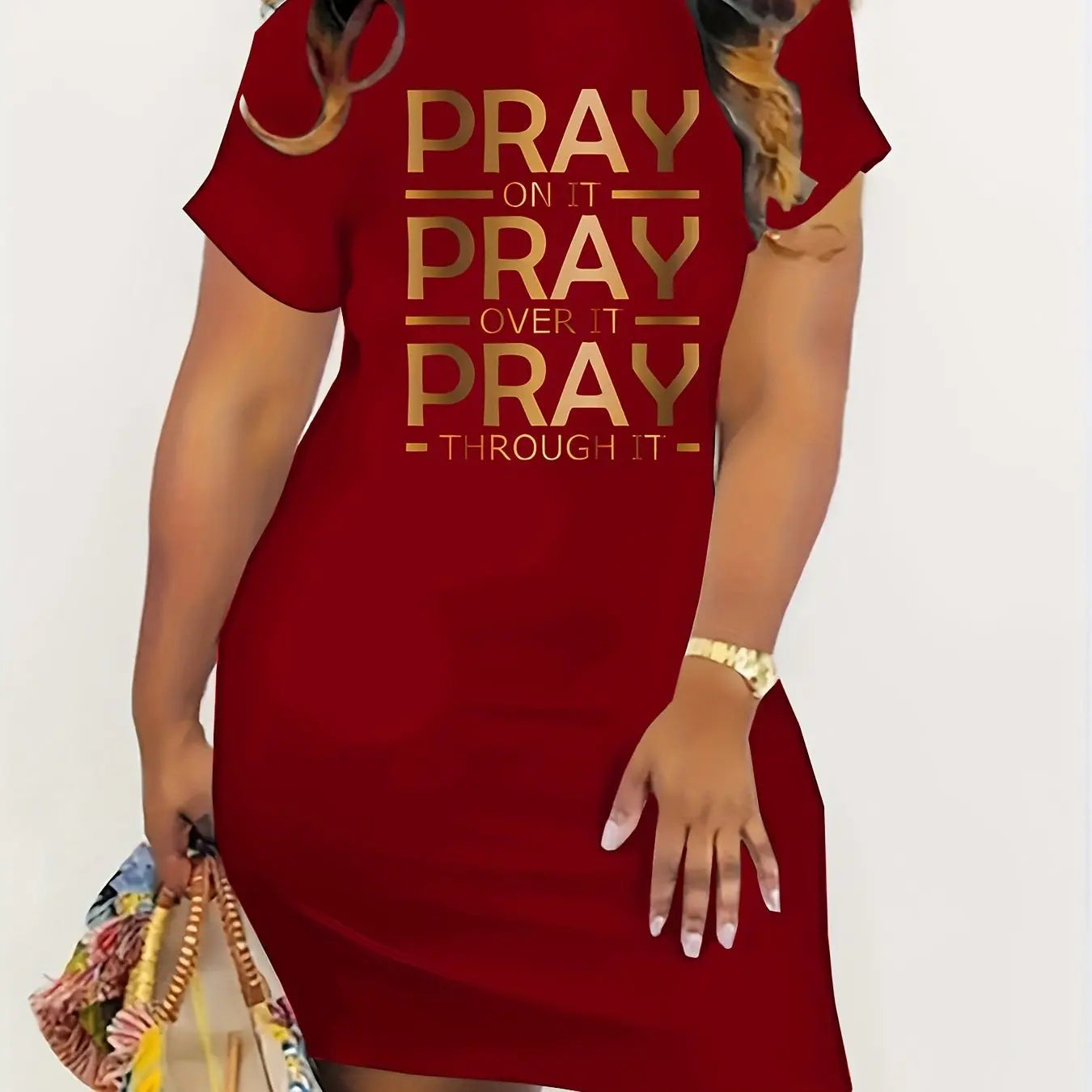 Chic Plus Size Women's "Pray On It Pray Over It Pray Through It" Golden Letter Print T-Shirt Dress - Stretchy Polyester Blend Crew Neck, Machine Washable, All-Season Casual & Office Wear, Ladies T-shirts, Bold Graphic Tee, No Chic Le'Meek