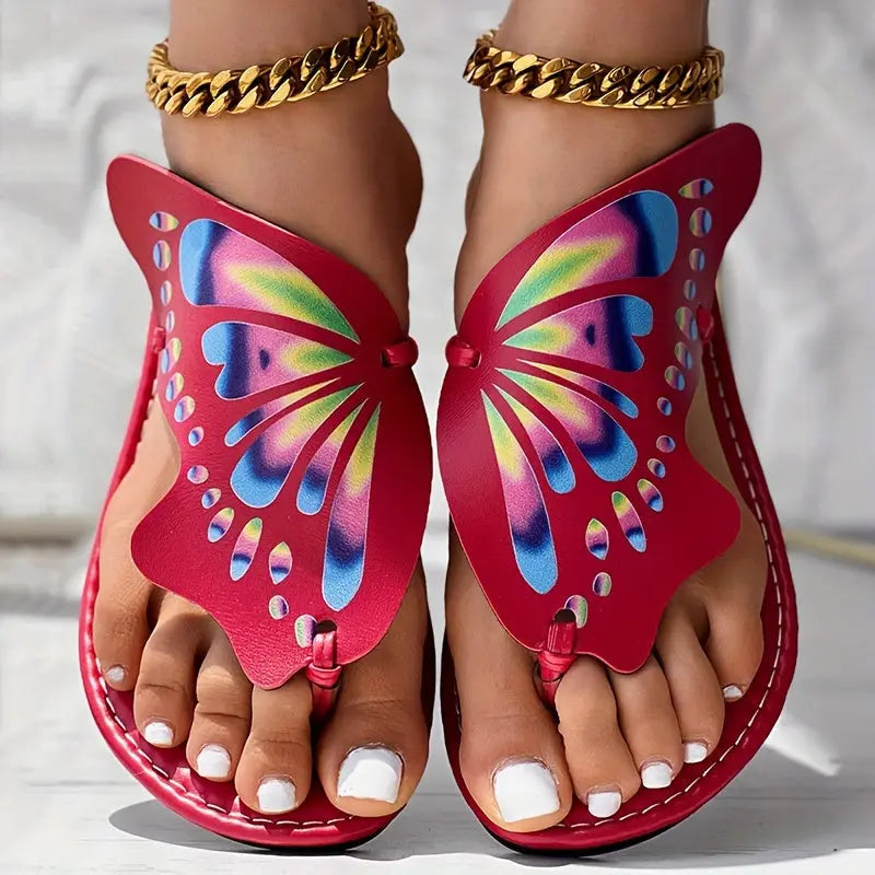 Women's Butterfly Flip Flops, Faux Leather Thong Slippers, Colorful Summer Beach Sandals, Fashion Footwear With Vibrant Wing Design Temu