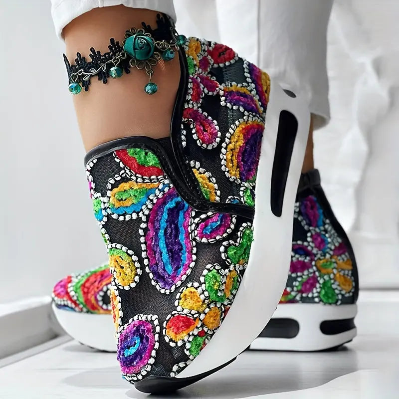 Abstract Print Side Lace-up Casual Wedge Sneakers - Without Anklet Chic Le'Meek