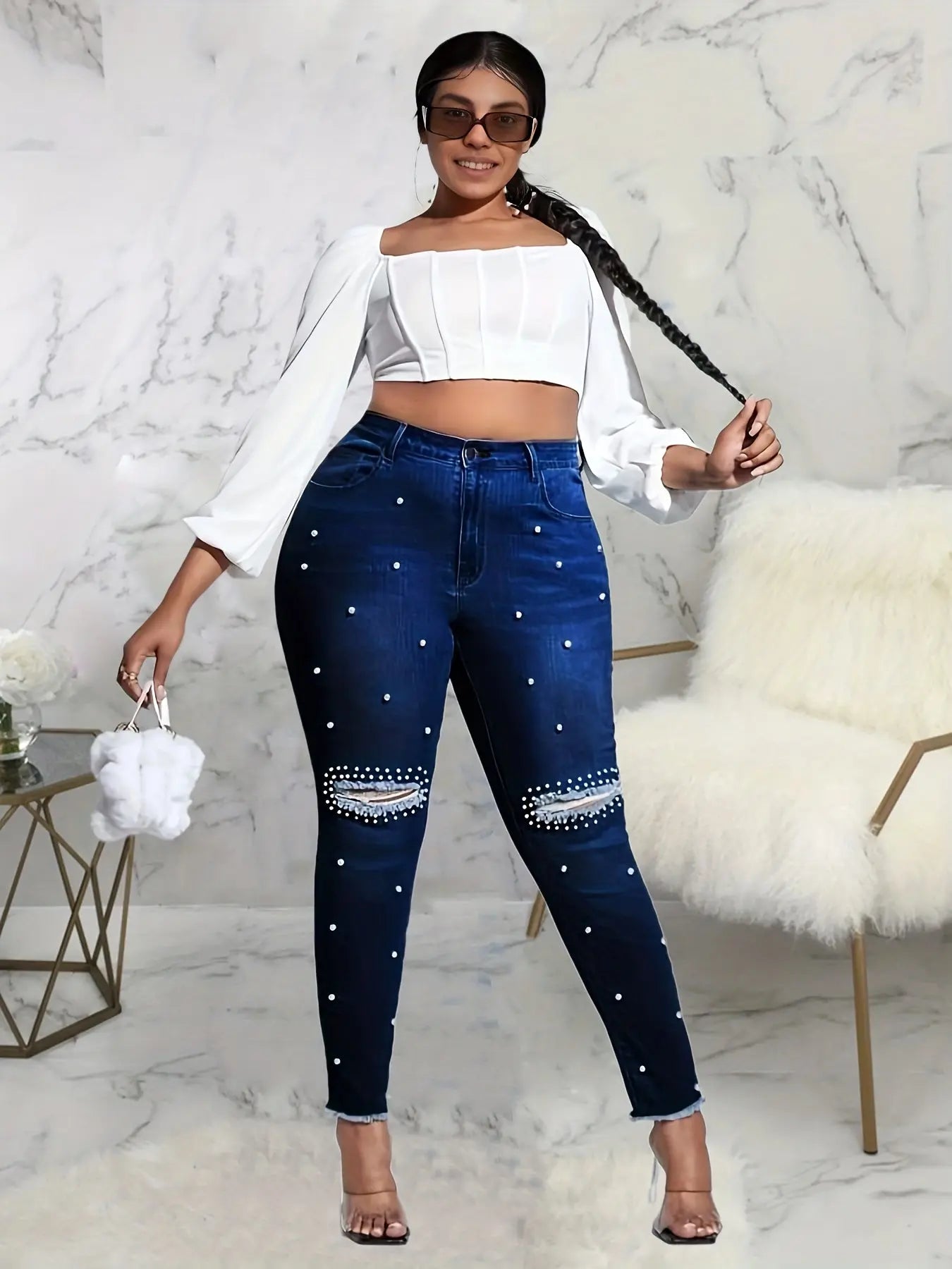 Plus Size Casual Jeans, Women's Plus Faux Pearl Decor Washed Ripped Button Fly Fringe Trim High Rise High Stretch Skinny Jeans For Fall Temu