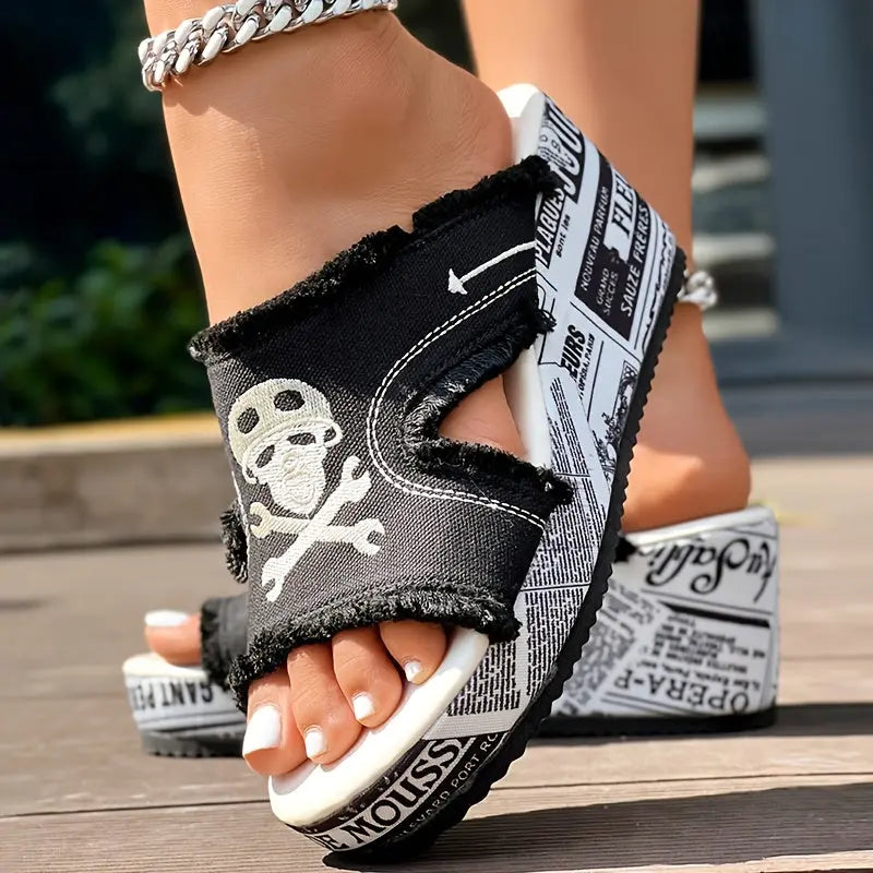 Newspaper Buckle Denim Wedge Slippers - Without Anklet Chic Le'Meek