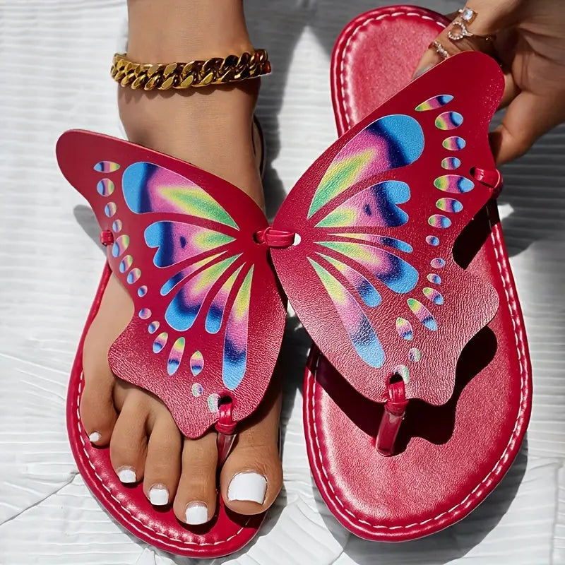 Women's Butterfly Flip Flops, Faux Leather Thong Slippers, Colorful Summer Beach Sandals, Fashion Footwear With Vibrant Wing Design Temu
