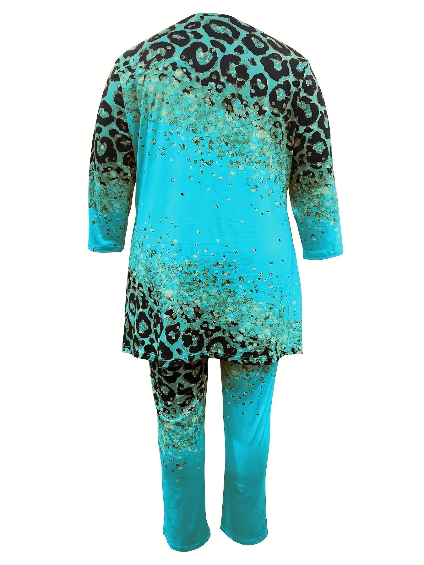 Leopard & Heart Print Plus-Size Set for Women - High-Low Hem, 3/4 Sleeves, Crew Neck Top & Pants Chic Le'Meek