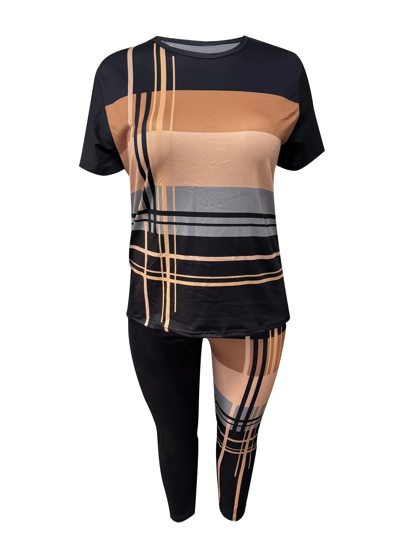 Smart Casual Crewneck Two-piece Set Plus Size Women'S Two-piece Set Short Sleeve Color-block Top T-shirt With Long Pants Bottoms Set Chic Le'Meek