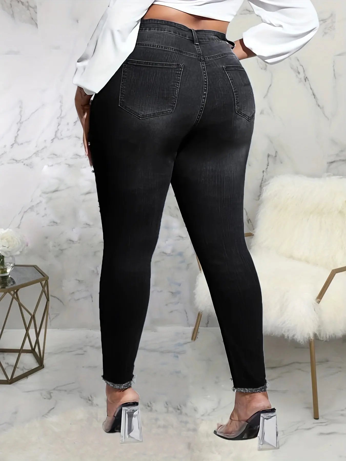 Plus Size Casual Jeans, Women's Plus Faux Pearl Decor Washed Ripped Button Fly Fringe Trim High Rise High Stretch Skinny Jeans For Fall Temu