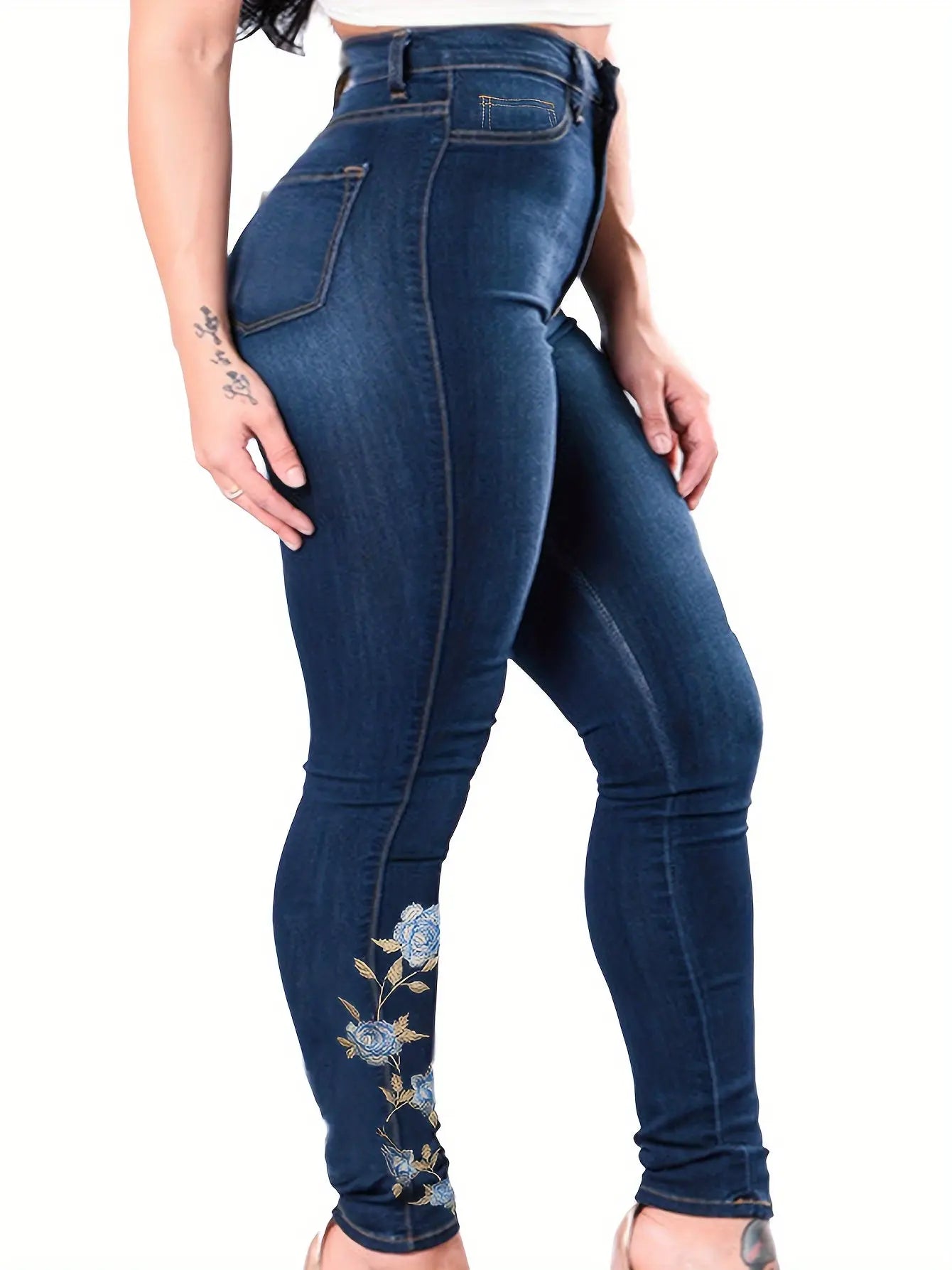 Plus Size Casual Jeans, Women's Plus Washed Floral Embroidery Button Fly Skinny Jeans Temu