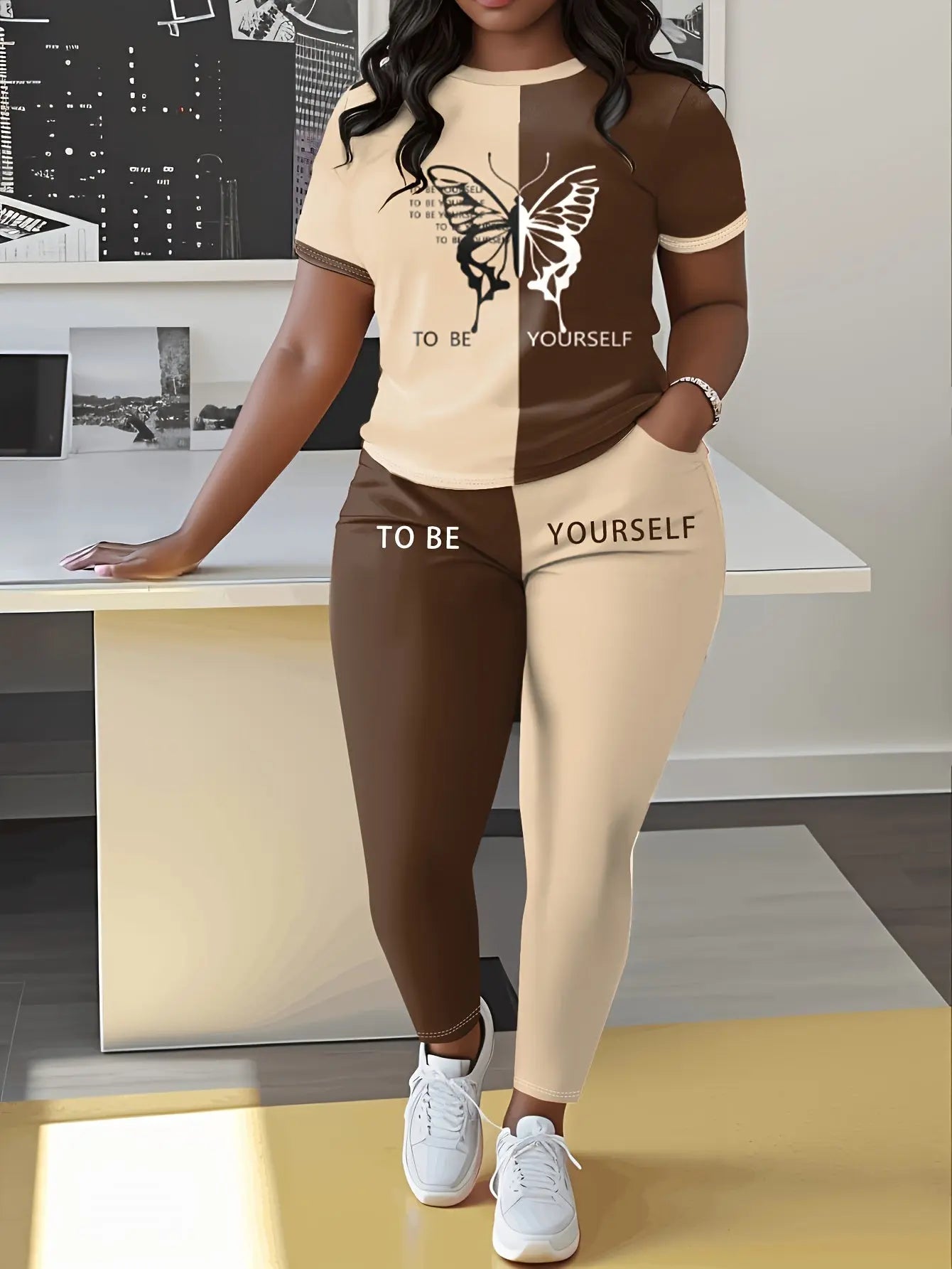 Plus Size Butterfly Print Casual Two-Piece Set - Short Sleeve & Pants, Stretchy Polyester Blend, Machine Washable Chic Le'Meek