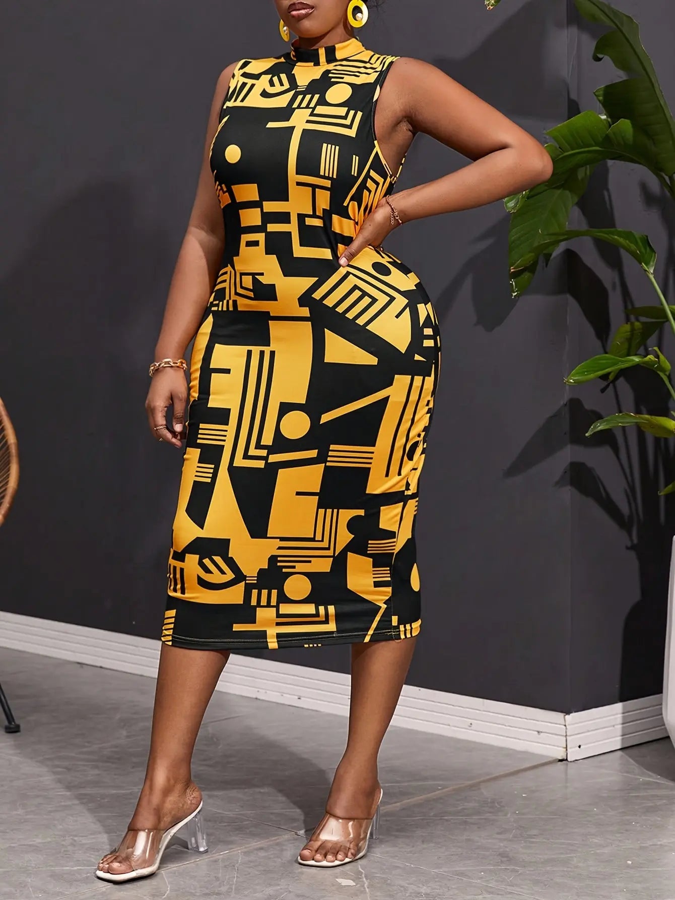 ECHOINE Women Sexy Plus Size Floral Print V Neck Long Sleeve Zipper Stretch Pencil Midi Bodycon Dress Party Chic Le'Meek