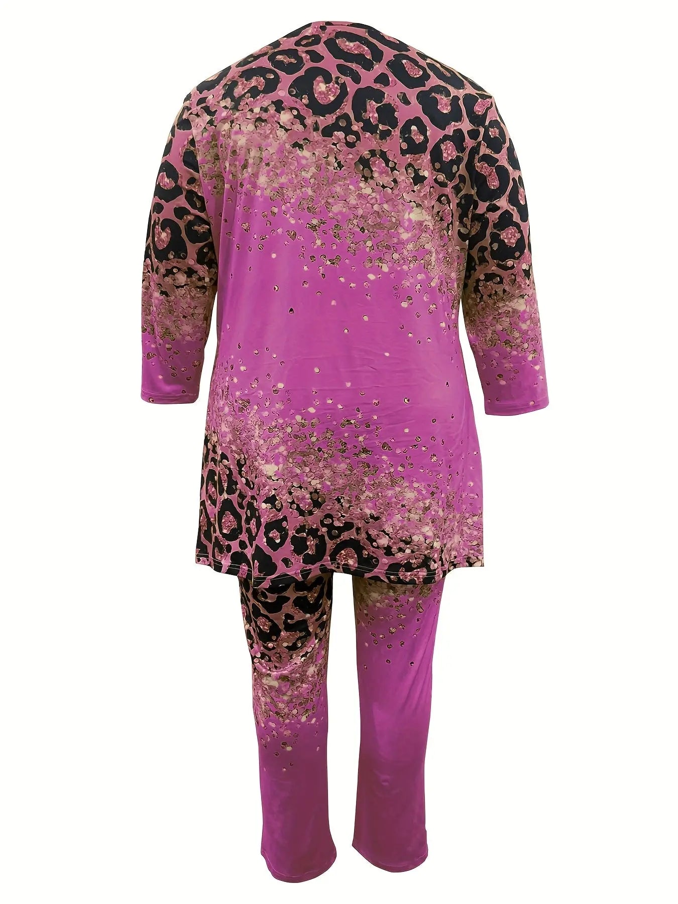 Leopard & Heart Print Plus-Size Set for Women - High-Low Hem, 3/4 Sleeves, Crew Neck Top & Pants Chic Le'Meek