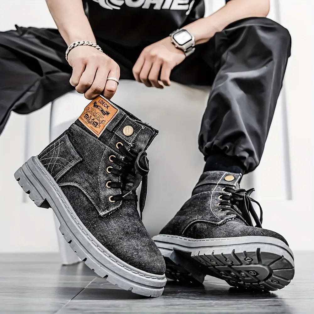 Men's Thick Anti-Slip Shock-Absorbing Ankle Boots - Durable PU Upper & PVC Sole, All-Season Versatile Lace-Up Shoes for Casual, Outdoor & Daily Wear, Casual Streetwear, Modern Street Footwear, Comfortable Fabric Insole Chic Le'Meek