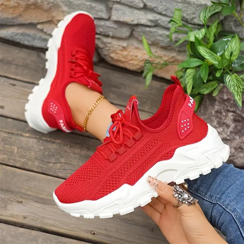 Ladies' Breathable Mesh Women'S Shoes, Lightweight And Low Cut Sports Shoes, Soft Insoles, Comfortable All Season Fitness, Walking And Casual Wear, White, Black, Red Fashionable Design, Comfortable Outdoor Thick Soled Casual Chic Le'Meek