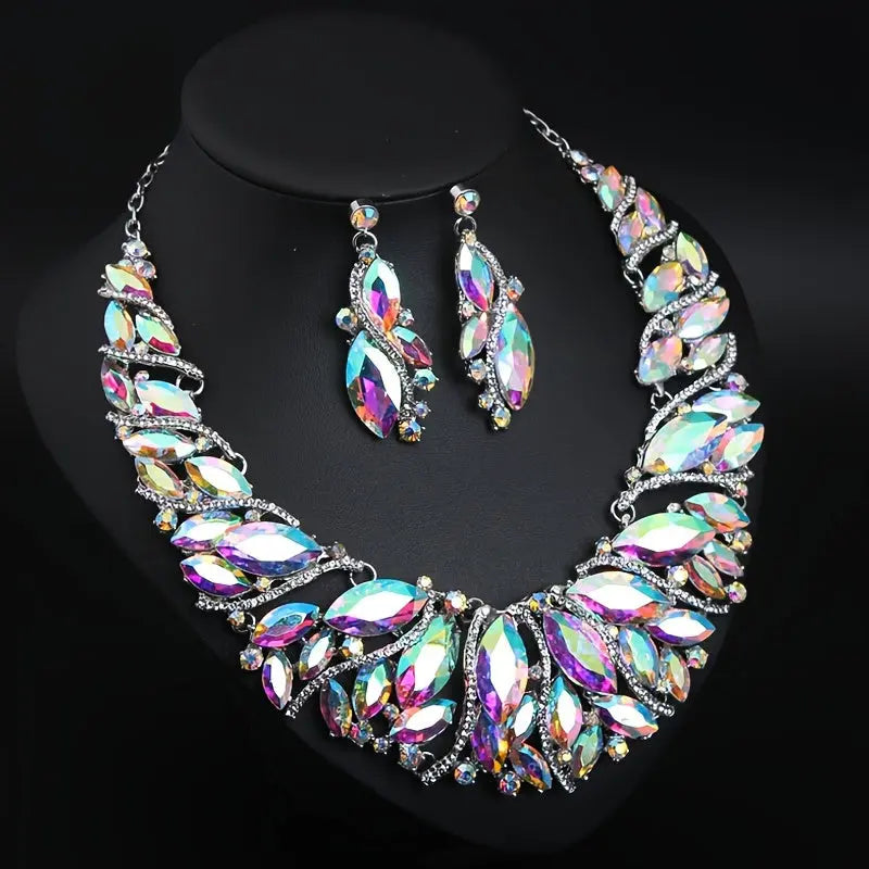 Elegant Necklace And Earrings Set, Rhinestone Inlaid, Bridal Party Jewelry, Vintage Style, Retro Luxury Statement Jewelry Temu