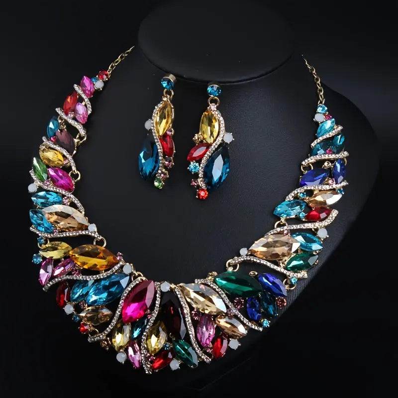 Elegant Necklace And Earrings Set, Rhinestone Inlaid, Bridal Party Jewelry, Vintage Style, Retro Luxury Statement Jewelry Temu