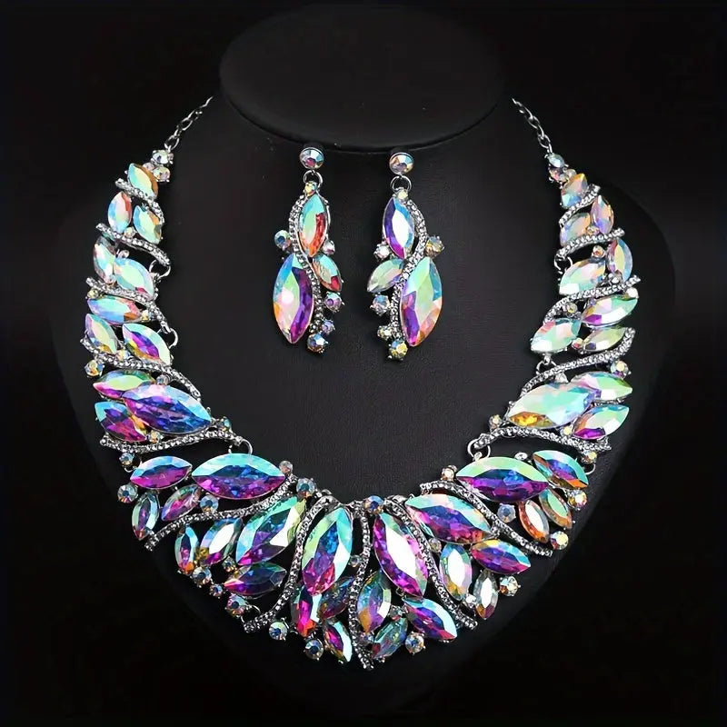 Elegant Necklace And Earrings Set, Rhinestone Inlaid, Bridal Party Jewelry, Vintage Style, Retro Luxury Statement Jewelry Temu