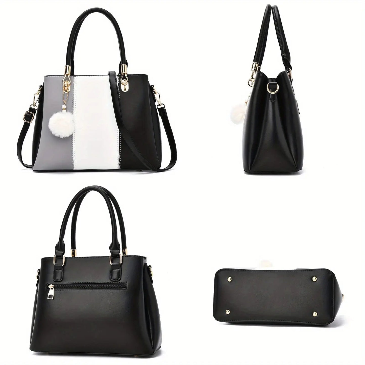 2-Piece Large Capacity Faux Leather Tote Shoulder Bag Set - Zipper Closure, Cotton Lined, Edge Painted, Solid Color Temu