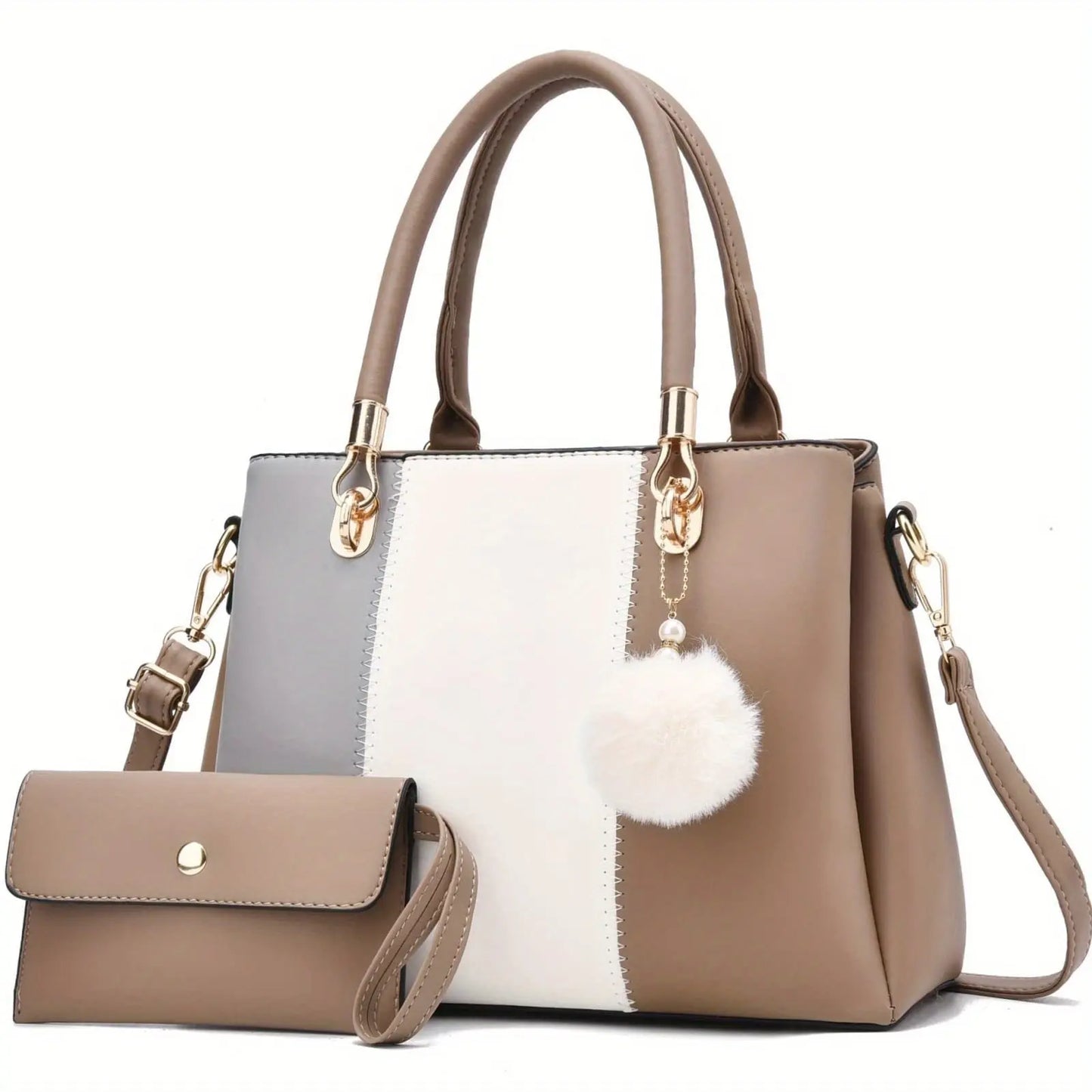 2-Piece Large Capacity Faux Leather Tote Shoulder Bag Set - Zipper Closure, Cotton Lined, Edge Painted, Solid Color Temu