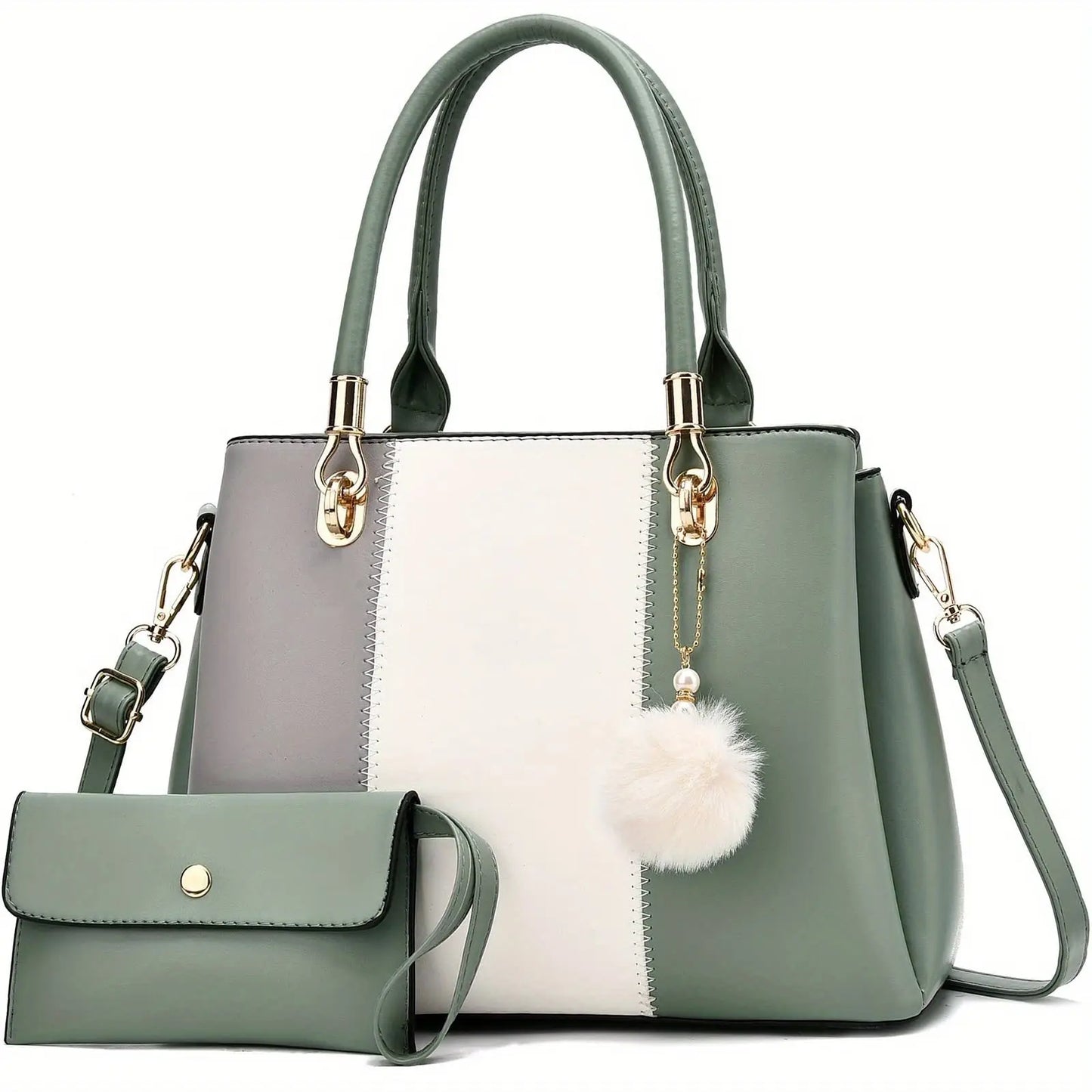 2-Piece Large Capacity Faux Leather Tote Shoulder Bag Set - Zipper Closure, Cotton Lined, Edge Painted, Solid Color Temu