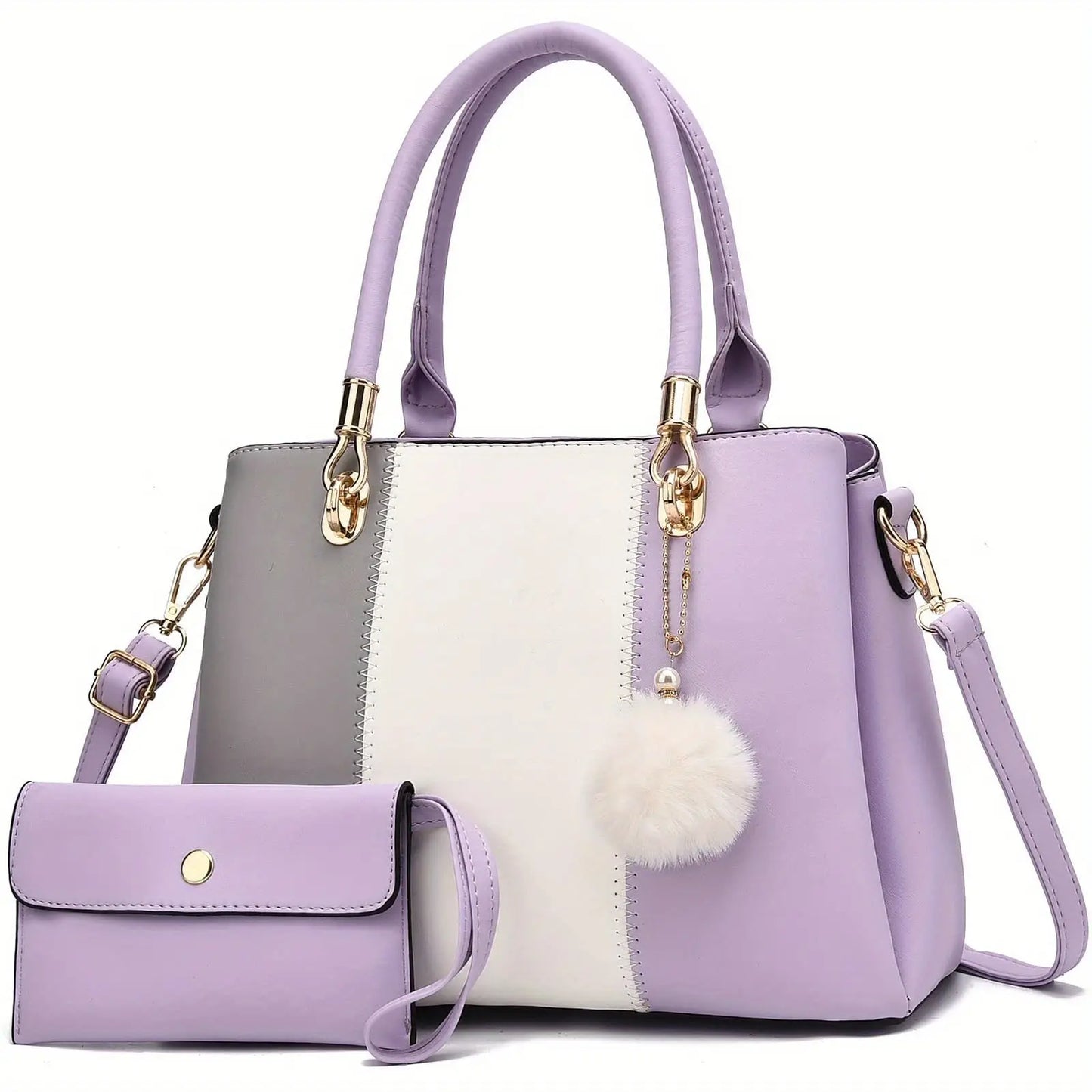 2-Piece Large Capacity Faux Leather Tote Shoulder Bag Set - Zipper Closure, Cotton Lined, Edge Painted, Solid Color Temu