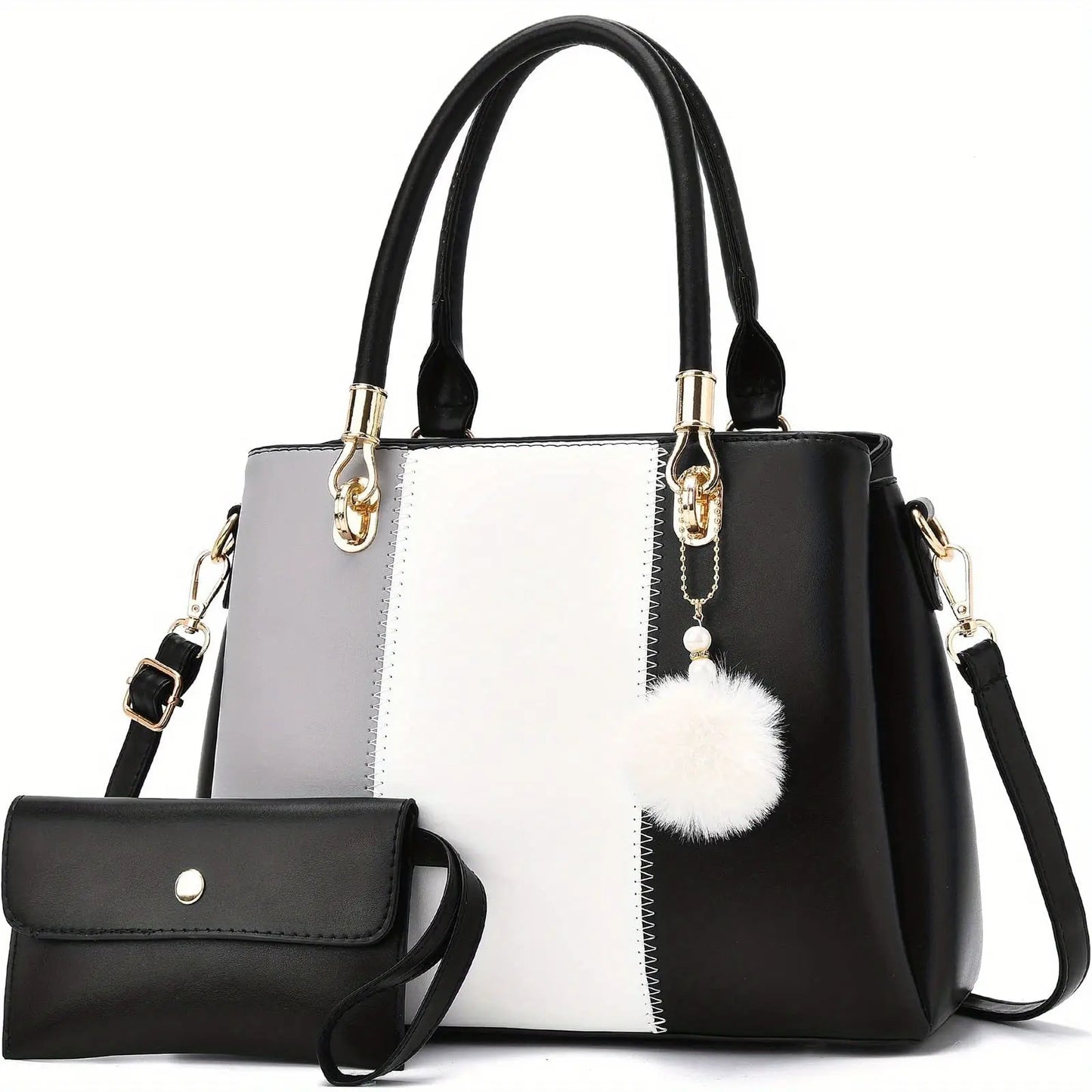2-Piece Large Capacity Faux Leather Tote Shoulder Bag Set - Zipper Closure, Cotton Lined, Edge Painted, Solid Color Temu