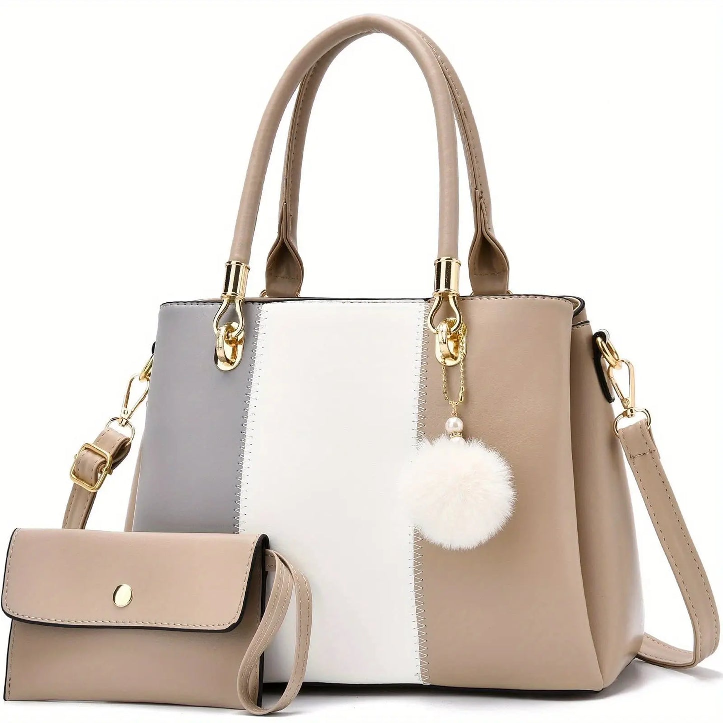 2-Piece Large Capacity Faux Leather Tote Shoulder Bag Set - Zipper Closure, Cotton Lined, Edge Painted, Solid Color Temu
