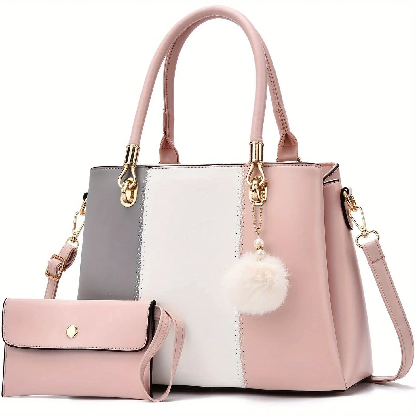 2-Piece Large Capacity Faux Leather Tote Shoulder Bag Set - Zipper Closure, Cotton Lined, Edge Painted, Solid Color Temu