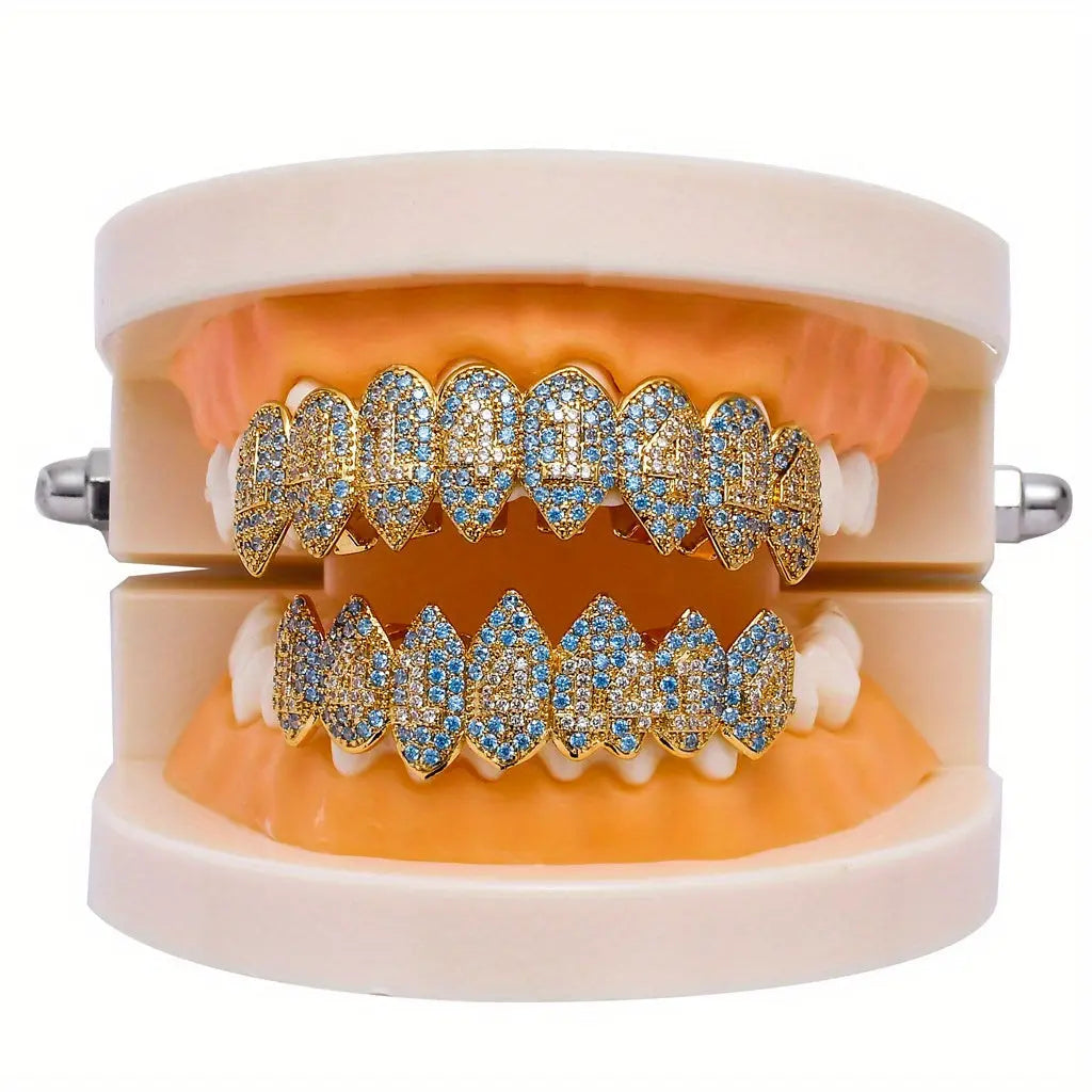 Hip Hop Style 8-Tooth Vampire Fang Grillz Set, Unisex, Luxury Iced Out Pave Teeth Caps, Party Accessory Temu