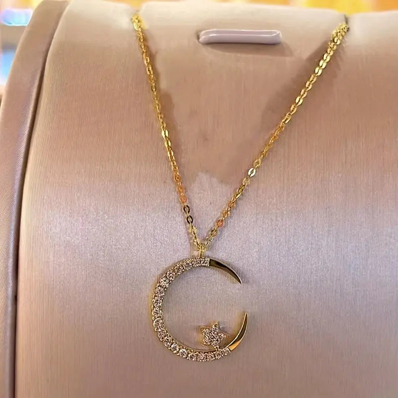 Star Moon Super Sparkle Exquisite Dainty Zircon Ramadan Pendant Necklace, Minimalist Elegant Lovely Versatile Daily Wear Clavicle Chain Jewelry Temu