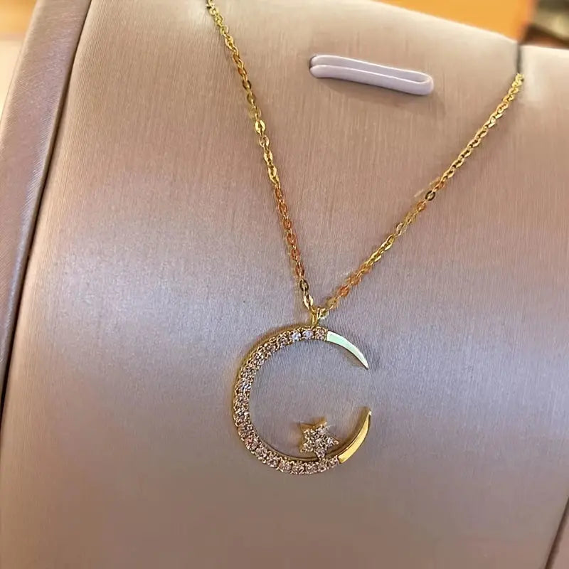 Star Moon Super Sparkle Exquisite Dainty Zircon Ramadan Pendant Necklace, Minimalist Elegant Lovely Versatile Daily Wear Clavicle Chain Jewelry Temu
