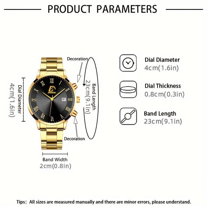 3pcs/ set, Men's Watch, Casual Mens Fashion Stainless Steel Quartz Watch & Bracelet & Necklace, Gifts for Men Chic Le'Meek