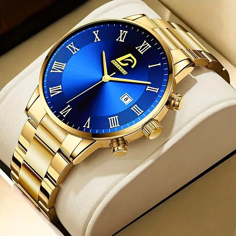 3pcs/ set, Men's Watch, Casual Mens Fashion Stainless Steel Quartz Watch & Bracelet & Necklace, Gifts for Men Chic Le'Meek