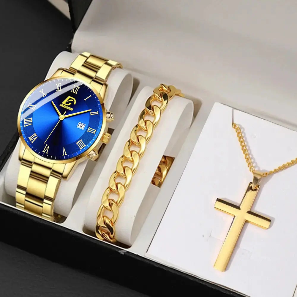 3pcs/ set, Men's Watch, Casual Mens Fashion Stainless Steel Quartz Watch & Bracelet & Necklace, Gifts for Men Chic Le'Meek