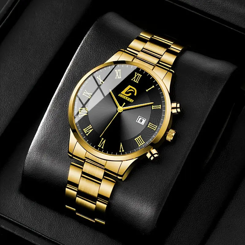 3pcs/ set, Men's Watch, Casual Mens Fashion Stainless Steel Quartz Watch & Bracelet & Necklace, Gifts for Men Chic Le'Meek