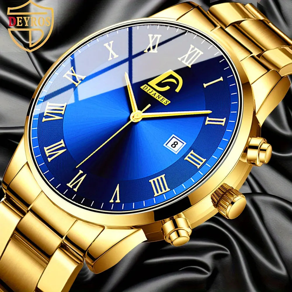 3pcs/ set, Men's Watch, Casual Mens Fashion Stainless Steel Quartz Watch & Bracelet & Necklace, Gifts for Men Chic Le'Meek