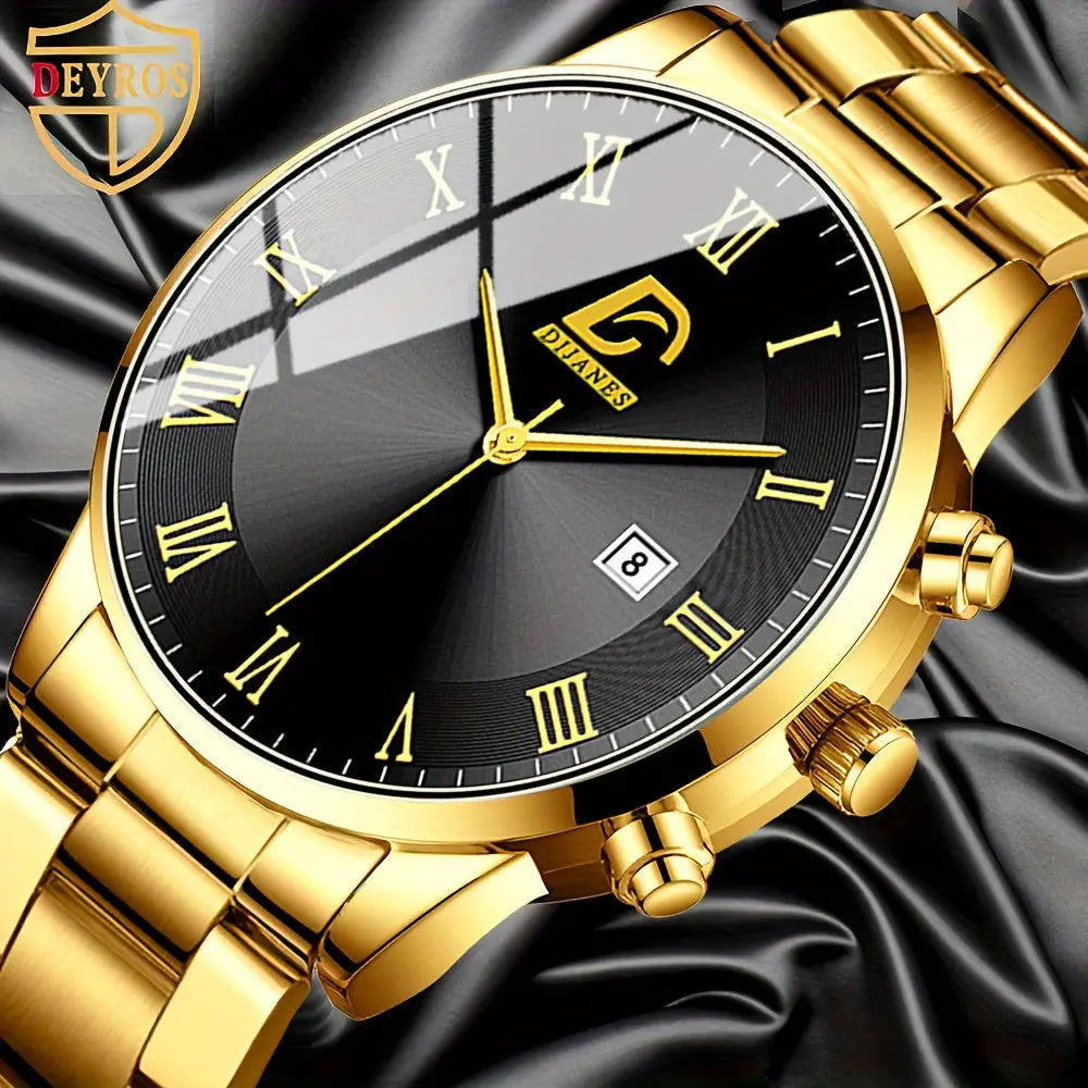 3pcs/ set, Men's Watch, Casual Mens Fashion Stainless Steel Quartz Watch & Bracelet & Necklace, Gifts for Men Chic Le'Meek