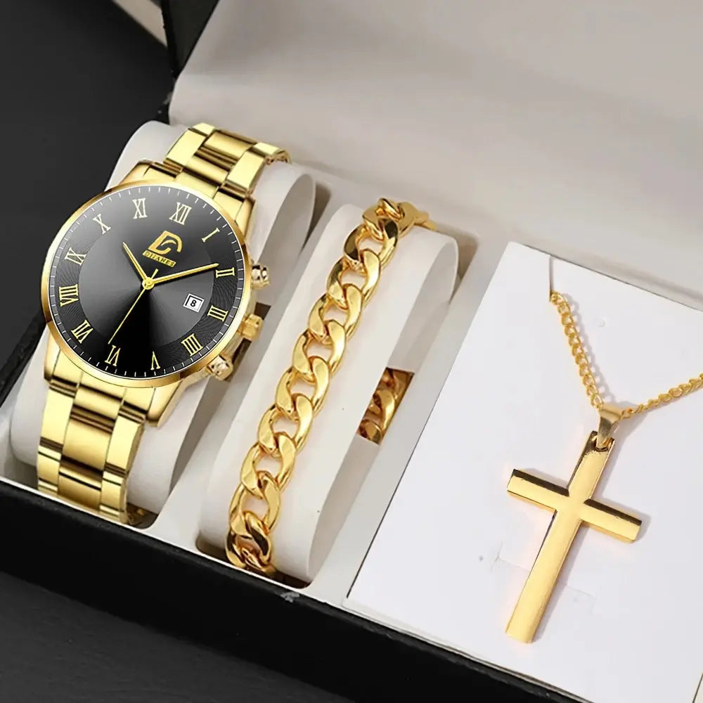 3pcs/ set, Men's Watch, Casual Mens Fashion Stainless Steel Quartz Watch & Bracelet & Necklace, Gifts for Men Chic Le'Meek