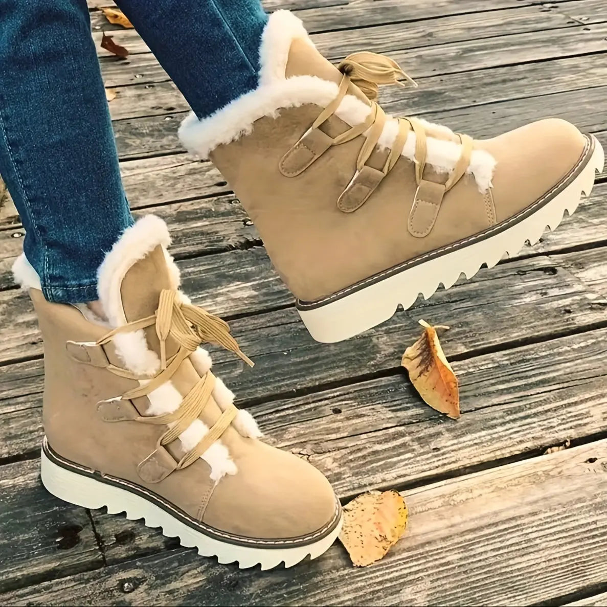 Women's Faux Fur Lined Snow Boots, Slip-Resistant Platform Soft Sole Warm Snow Boots, Comfort Mid-calf Non-slip Snow Boots Chic Le'Meek